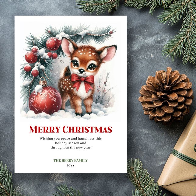 Carte de vœux de Noël Forêt enneigée Faon Tranquil (Tranquil Fawn Snowy Forest Christmas Greeting Card)