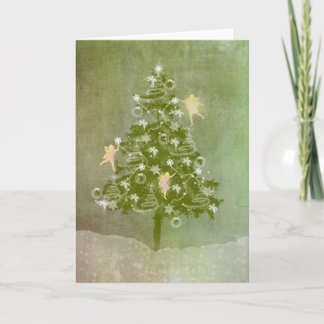 Carte de vœux de Noël Magique, Arbre et Fées (Devant)