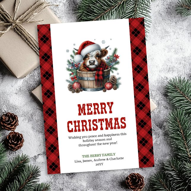 Carte de vœux de Noël modifiable de vache highland (Highland cow Christmas greeting editable card)