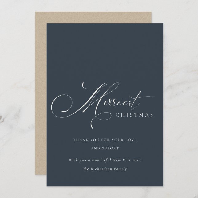 Carte de vœux de Noël Navy Grey Script (Devant / Derrière)