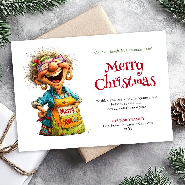 Carte de vœux de Noël numérique modifiable 'Laughi (Laughing Lady Editable Digital Christmas Greeting)