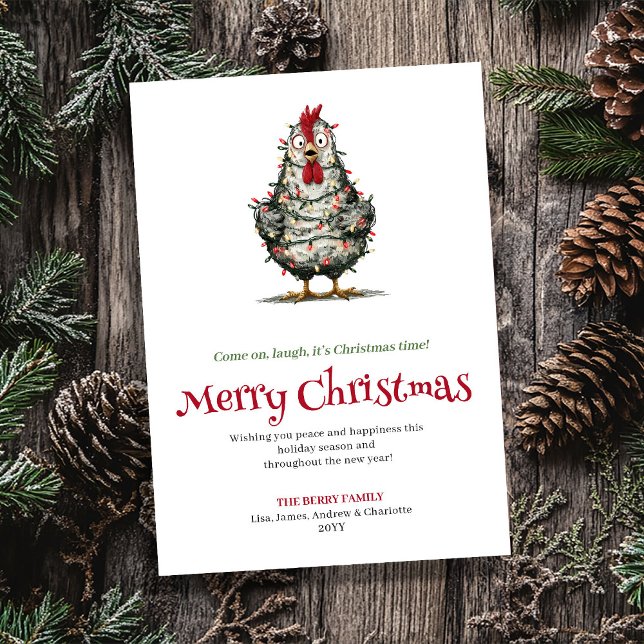 Carte de vœux de Noël originale avec un poulet de  (Quirky cartoon chickens Christmas greeting card

)