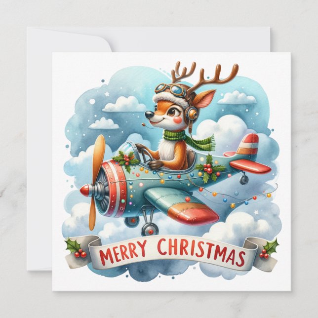 Carte de voeux de Noël Reindeer Flying Airplane (Devant)