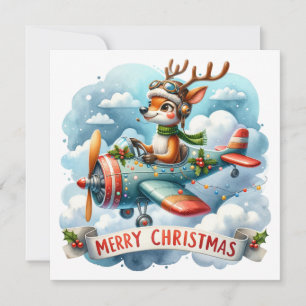 Carte de voeux de Noël Reindeer Flying Airplane