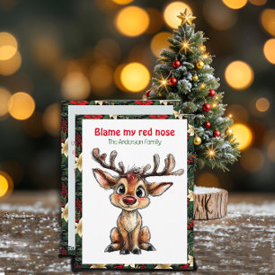 Carte de vœux de Noël rétro rouge avec un renne mi
