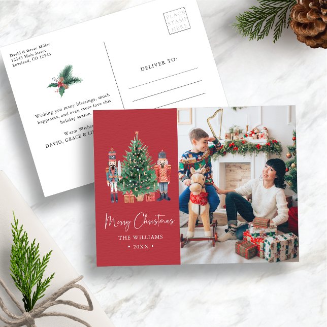 Carte de vœux de Noël rouge avec photo (Red Nutcracker Christmas Photo Holiday Postcard
)