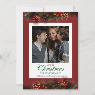Carte de vœux de Noël rouge avec rubans de pin