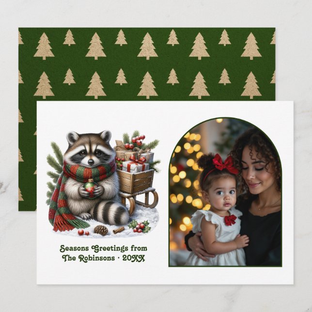 Carte de vœux de Noël rustique avec Raton Laveur d (Devant / Derrière)