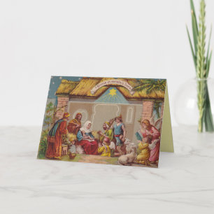 Carte de vœux de Noël scène de la Nativité vintage