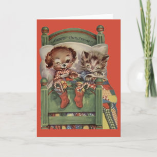 Carte de voeux de Noël vintage Chiot et Kitten