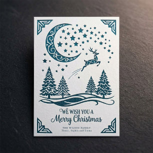 Carte de vœux de Noël Vintage Nordique Renne Lune