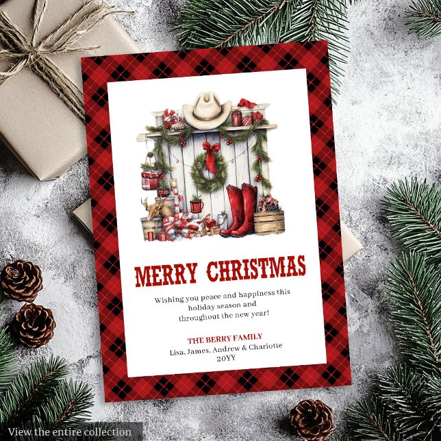 Carte de vœux de Noël Western Buffalo Rustique (Plaid Western Buffalo Rustic Xmas Greeting)