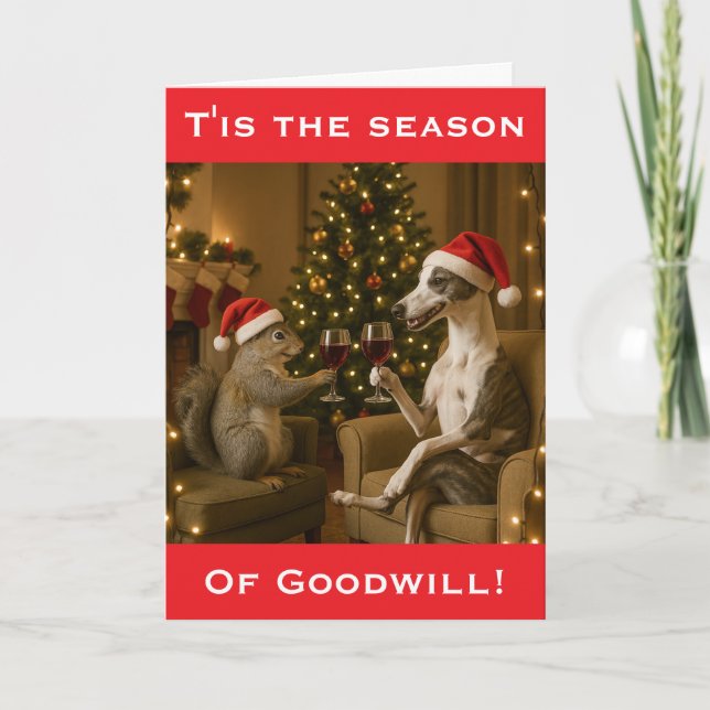 Carte de vœux de Noël Whippet et écureuil (Devant)