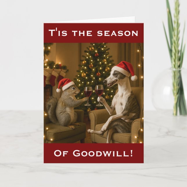 Carte de vœux de Noël Whippet et Écureuil (Devant)