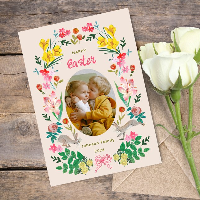 Carte de vœux de Pâques avec lapin floral pour pho (Floral Bunny Happy Easter Family Photo Greeting Card)