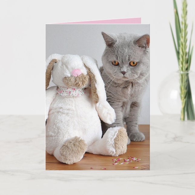 CARTE DE VOEUX DE PÂQUES CHAT ET LAPIN MIGNON (Devant)