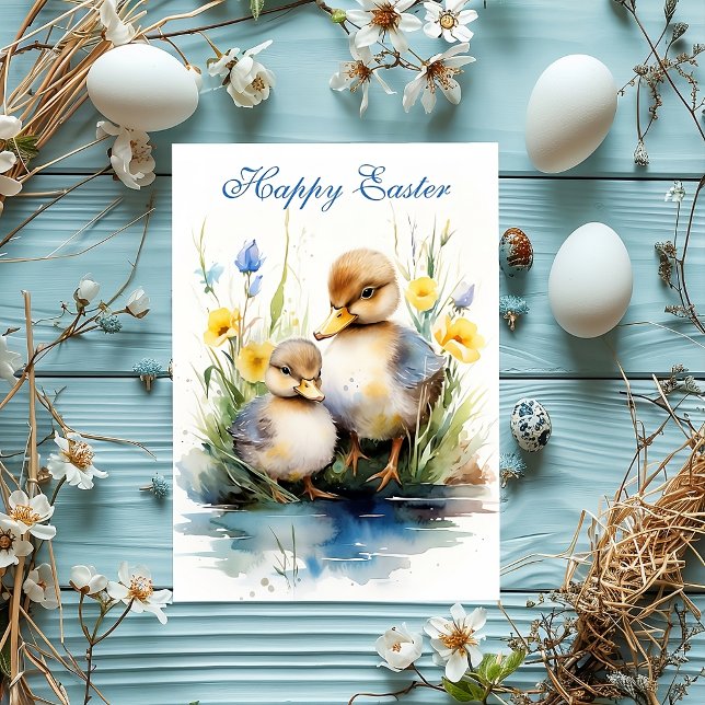 Carte de vœux de Pâques : Ducklings Delight Éditio (happy easter, duckling, easter postcard, easter, blue, animals, cute easter, flowers, duck, )