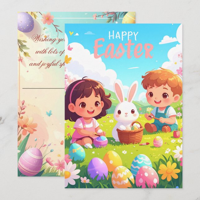 Carte de vœux de Pâques joyeuse – Lapin mignon Œuf (Devant / Derrière)
