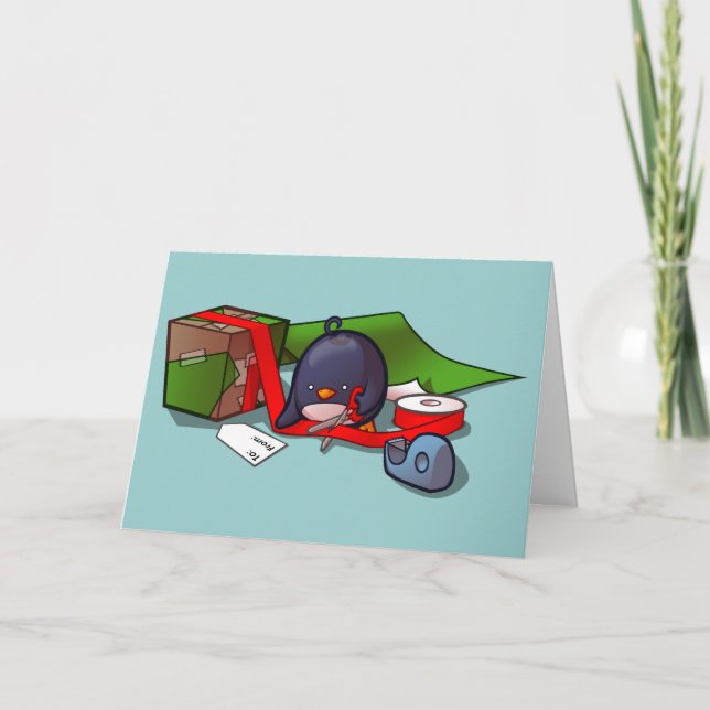Carte de voeux de pingouin d'enveloppement actuel (Devant)