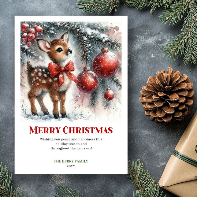 Carte de vœux de scène hivernale de forêt enneigée (Fairy baby fawn snowy forest winter scene greeting card)