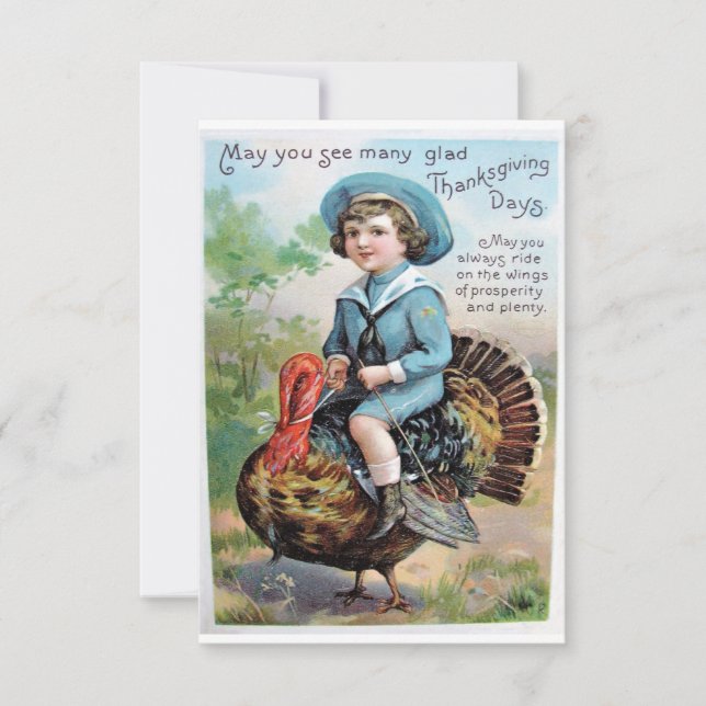 Carte de vœux de Thanksgiving vintage avec garçon  (Devant)