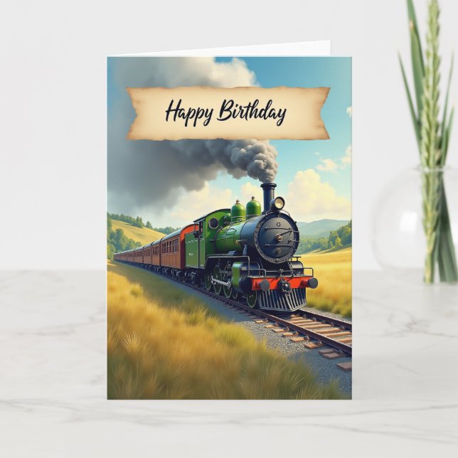 Carte de vœux de train à vapeur pour anniversaire (Devant)