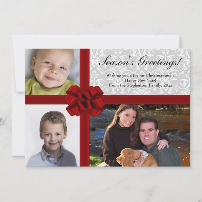 Carte de voeux de vacances 3-Photo Red Ribbon Bow (Devant)