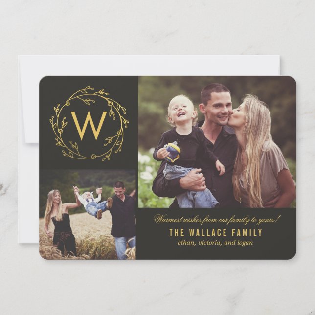 Carte de vœux de vacances à couronne de monogramme (Devant)