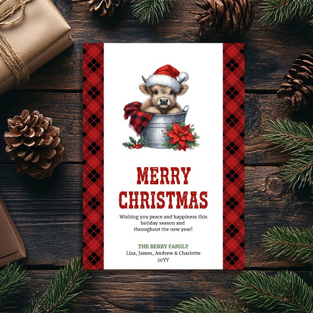 Carte de vœux de vacances à l'aquarelle représenta (Watercolor highland cow holiday greeting card)
