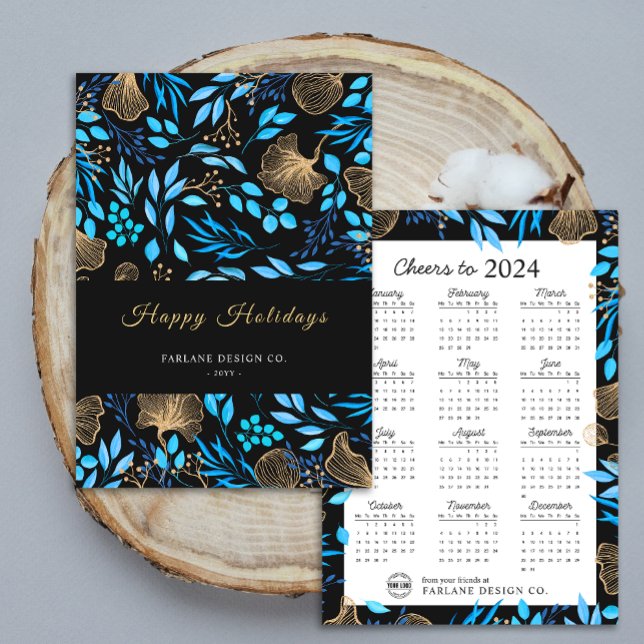 Carte de vœux de vacances avec logo d'entreprise F (2024 Calendar Floral Business Logo Holiday Card)