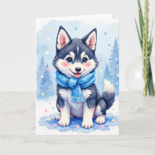 Carte de vœux de vacances avec un chiot husky mign