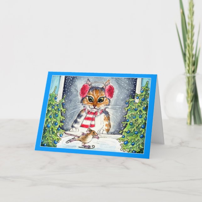 Carte de vœux de vacances chat et souris qui patin (Devant)