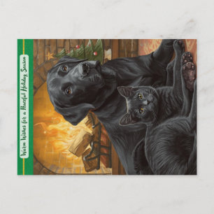 Carte de vœux de vacances Chien noir Chat Vœux cha