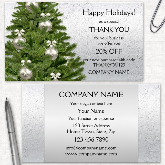 Carte de vœux de vacances d'arbre d'argent (Christmas Holidays Thank You business card featuring a tree with silver baubles and bows)