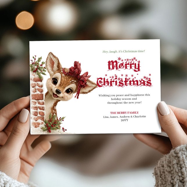 Carte de vœux de vacances de bébé faon tendance dr (Trendy Baby Fawn Funny Cartoon Holiday Greeting Card

)