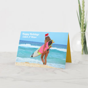 Carte de vœux de vacances de fille surfeuse