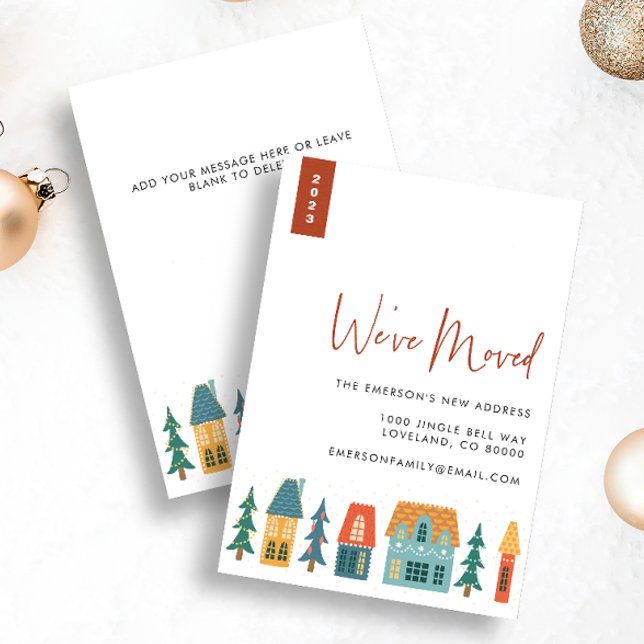 Carte de vœux de vacances de nouvelle maison rétro (2023 We've Moved Holiday Retro Houses Christmas Card with message on back)