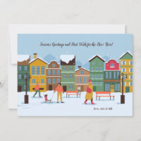 Carte de vœux de vacances de rue enneigée