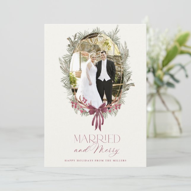 Carte de vœux de vacances élégante, mariée et joye (Debout devant)