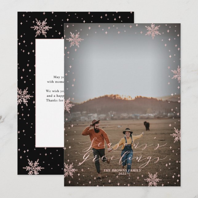 Carte de vœux de vacances en or rose flocons de ne (Devant / Derrière)