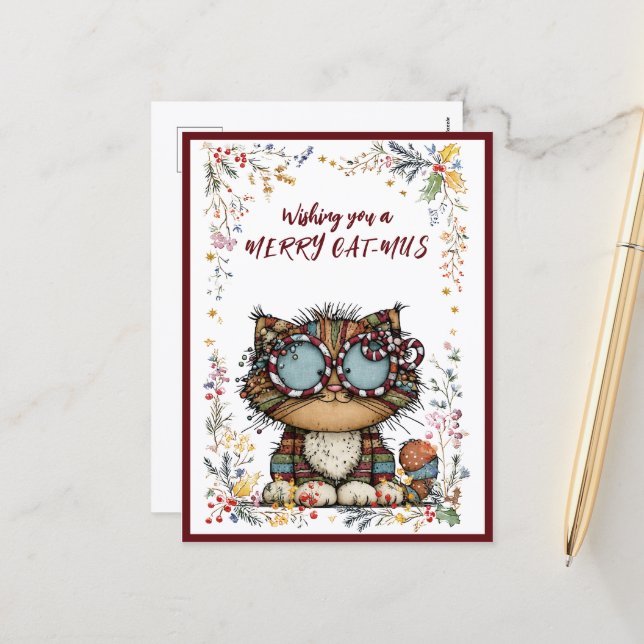 Carte de vœux de vacances Joyeux CAT-MUS (Devant/Arrière en situation)