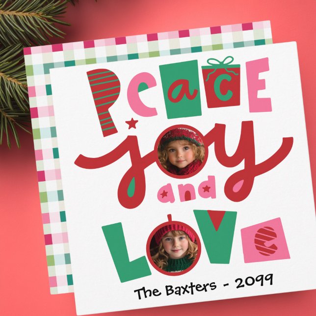 Carte de vœux de vacances Paix & Amour Rose et Ver (Retro Pink and Green Peace and Love Christmas Greeting Card)