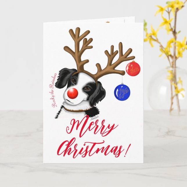 Carte de voeux de vacances Reindeer Border Collie (Fleur jaune)