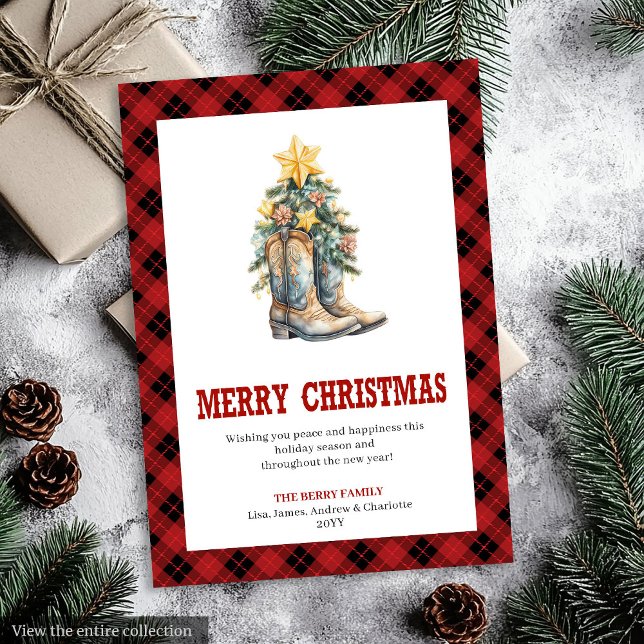 Carte de vœux de vacances Western Buffalo à carrea (Red Plaid Western Buffalo Holiday Greeting Card)