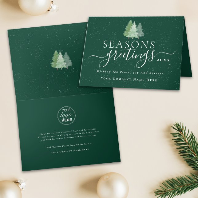 Carte de vœux d'entreprise avec logo de l'entrepri (Modern business seasons greetings company logo snowy Christmas trees holiday card)