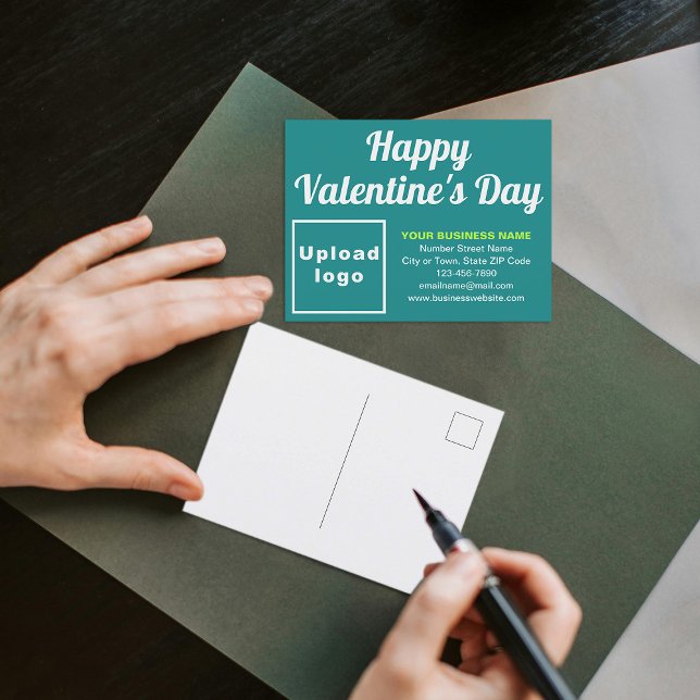 Carte de vœux d'entreprise de la Saint-Valentin sa (Business Valentine teal green holiday postcard to advertise your business this Valentine's Day.)