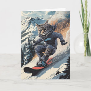 Carte de vœux d'hiver de chat de snowboard drôle C