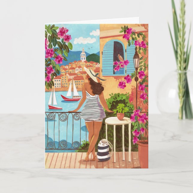 Carte de vœux d'illustration de femme sur balcon e (Devant)