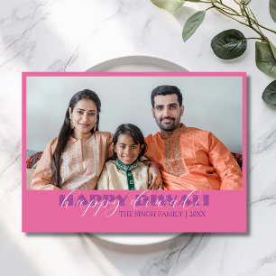 Carte de vœux Diwali moderne rose lotus avec photo