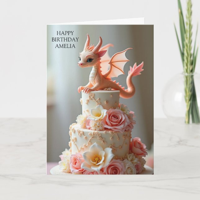 Carte de vœux Dragon Gâteau d'anniversaire rose (Devant)